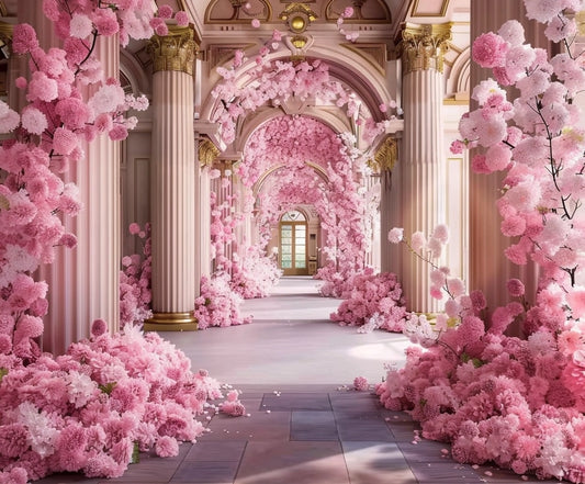 The ornate hall with tall columns is adorned with abundant pink and white flowers, creating a visually striking and elegant **Spring Palace Window Wedding Flower Backdrop** by ideasbackdrop throughout the space, exuding a sense of floral elegance.