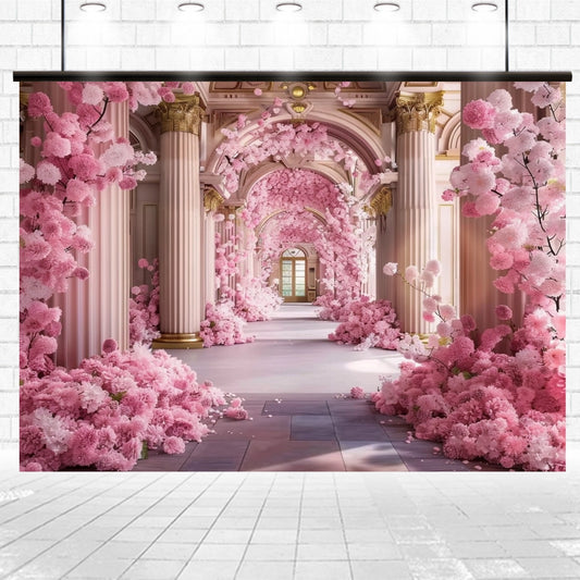A grand hall with tall columns and an arched ceiling showcases floral elegance, adorned with abundant pink flowers and blossoms, creating a lush, vibrant pathway toward a distant door decorated by the Spring Palace Window Wedding Flower Backdrop - ideasbackdrop from ideasbackdrop.