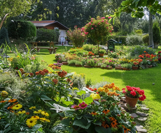 A vibrant garden with lifelike florals, a well-manicured green lawn, potted plants, and a garden shed in the background. Surrounded by trees and shrubs under bright daylight, it creates an ideasbackdrop Spring Park Natural Grassland Flower Backdrop-ideasbackdrop that feels remarkably real.