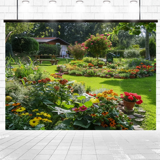A vibrant garden with lifelike florals and potted plants on a lush green lawn, featuring a small house and trees in the background for a Spring Park Natural Grassland Flower Backdrop-ideasbackdrop by ideasbackdrop.