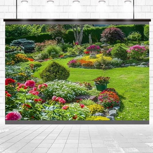 A well-maintained garden with various colorful flowers and neatly trimmed shrubs is showcased against a white brick wall, creating a Spring Park Natural Scenic Flower Backdrop-ideasbackdrop perfect for event planners.