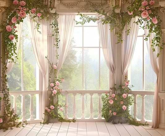 A bright room with large windows, sheer curtains, and a balcony adorned with climbing roses and lush greenery, creating a Spring Rose Castle Window Floral Backdrop by ideasbackdrop.