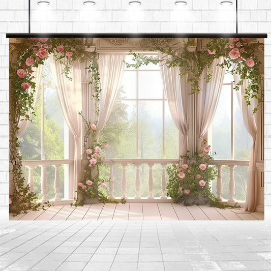 A bright room with large windows draped with white curtains and decorated with pink roses and green vines, perfect for photo sessions. The wooden floor complements the Spring Rose Castle Window Floral Backdrop -ideasbackdrop, enhancing the scene's view of a lush garden outside.