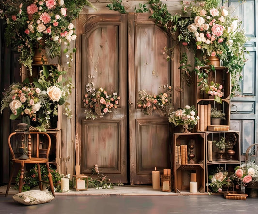 Spring Rose Flowers Wooden Arch Door Backdrop-adorned with floral arrangements, surrounded by wooden crates filled with books and candles, and a chair placed to the left create a stunning transformation perfect for themed parties.