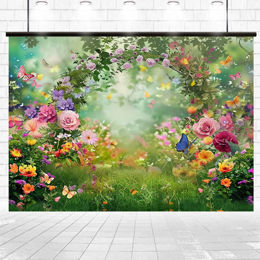 A vibrant garden scene with a floral archway, colorful flowers, and various butterflies against a beautifully blurred green background serves as the Spring Watercolor Butterfly Flower Backdrop-ideasbackdrop by ideasbackdrop, perfect for elegant events. The vivid colors of the blossoms create a mesmerizing view.