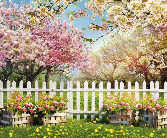 A white picket fence with blooming flowers in wooden crates sits in front of a garden with pink and white blossoming trees and a grassy field. The Spring White Forest Tree Flower Backdrop -ideasbackdrop complements the yellow flowers dotting the green grass, creating an enchanting living space perfect for home decor inspiration by ideasbackdrop.
