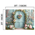 A **Spring Easter Garden Bunny Eggs Door Backdrop** by **ideasbackdrop** adorned with a floral wreath, surrounded by spring flowers and decorated Easter eggs. Perfect for home staging, it measures 5 feet (150 cm) in width and 3 feet (90 cm) in height.
