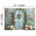 A **Spring Easter Garden Bunny Eggs Door Backdrop-ideasbackdrop** adorned with a floral wreath, surrounded by blooming flowers and decorated Easter eggs, creates magical decor. Dimensions are marked as 7ft (210cm) wide and 5ft (150cm) tall—perfect for enchanting home staging.