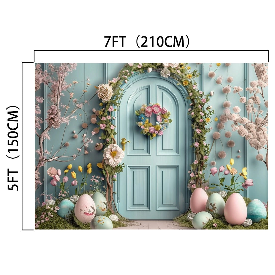 A **Spring Easter Garden Bunny Eggs Door Backdrop-ideasbackdrop** adorned with a floral wreath, surrounded by blooming flowers and decorated Easter eggs, creates magical decor. Dimensions are marked as 7ft (210cm) wide and 5ft (150cm) tall—perfect for enchanting home staging.