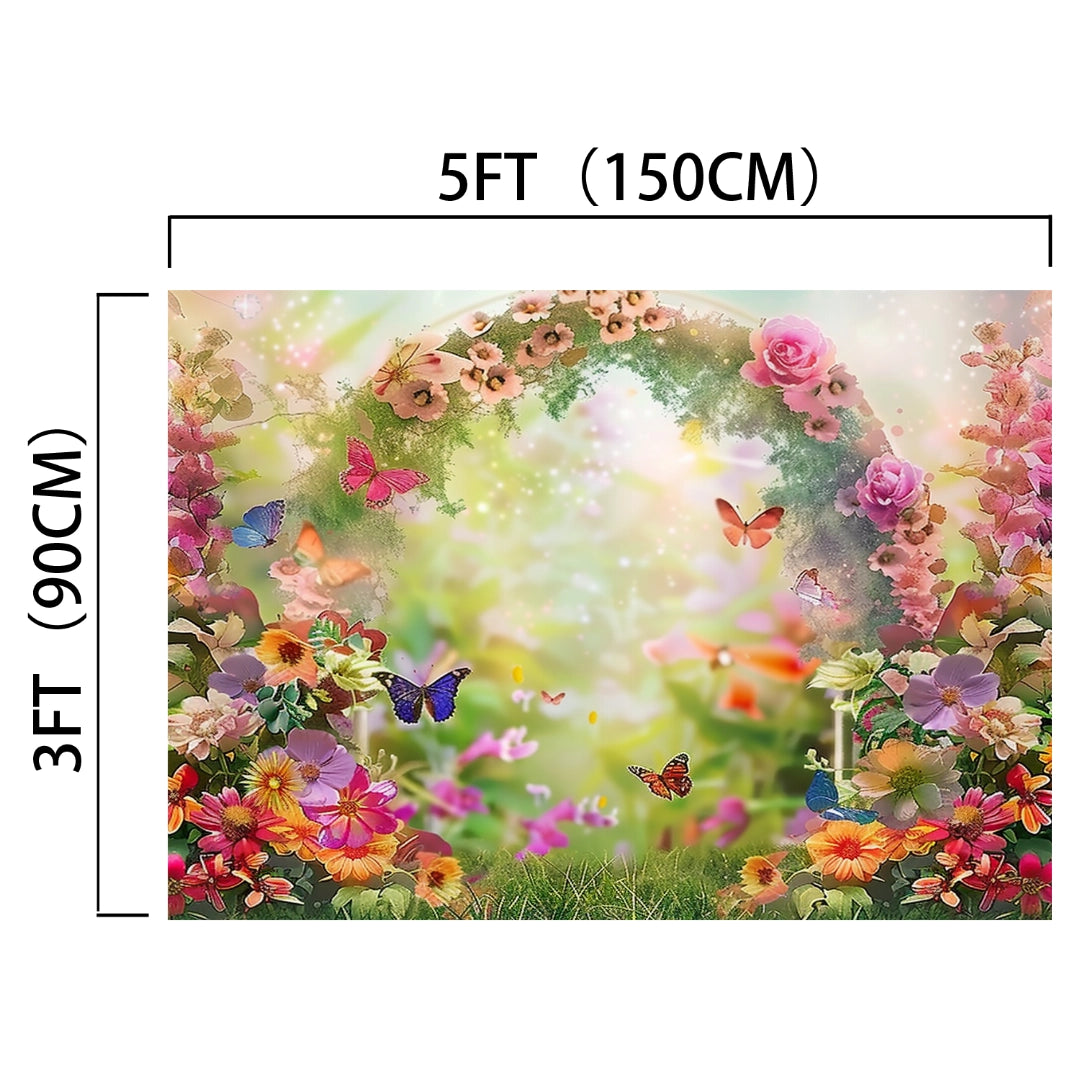 The ideasbackdrop Spring Floral Arch Gathering Flower Backdrop features a colorful array of roses and various flowers, along with butterflies, providing the perfect floral elegance for memorable photo shoots. Measuring 5 feet (150 cm) wide and 3 feet (90 cm) tall, it's an ideal setting for capturing stunning images.
