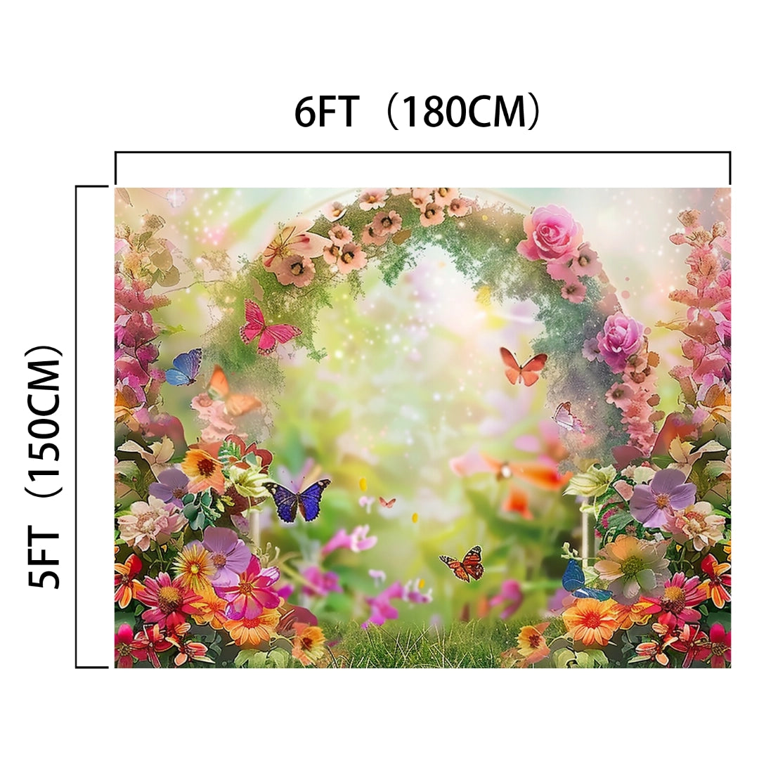 A **Spring Floral Arch Gathering Flower Backdrop - ideasbackdrop** with butterflies in a lush garden, framed within a 6ft by 5ft dimension, perfect for floral elegance and memorable photo shoots.