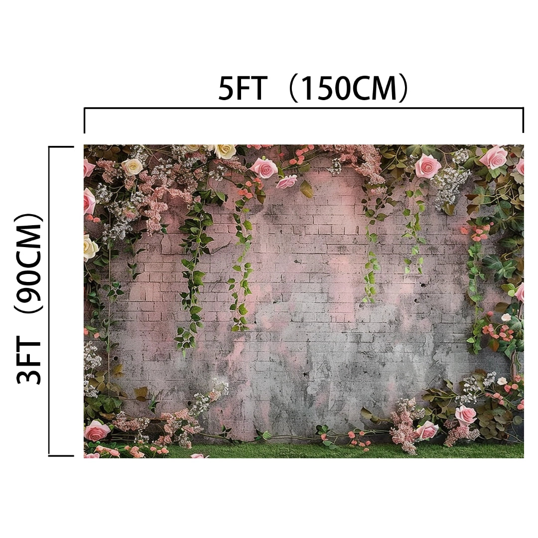A 5ft by 3ft (150cm by 90cm) Spring Flower Brick Wall Photography Backdrop - ideasbackdrop featuring pink and white flowers with green foliage against a gray brick wall, perfect for weddings or any event where vibrant colors can enhance the decor by ideasbackdrop.