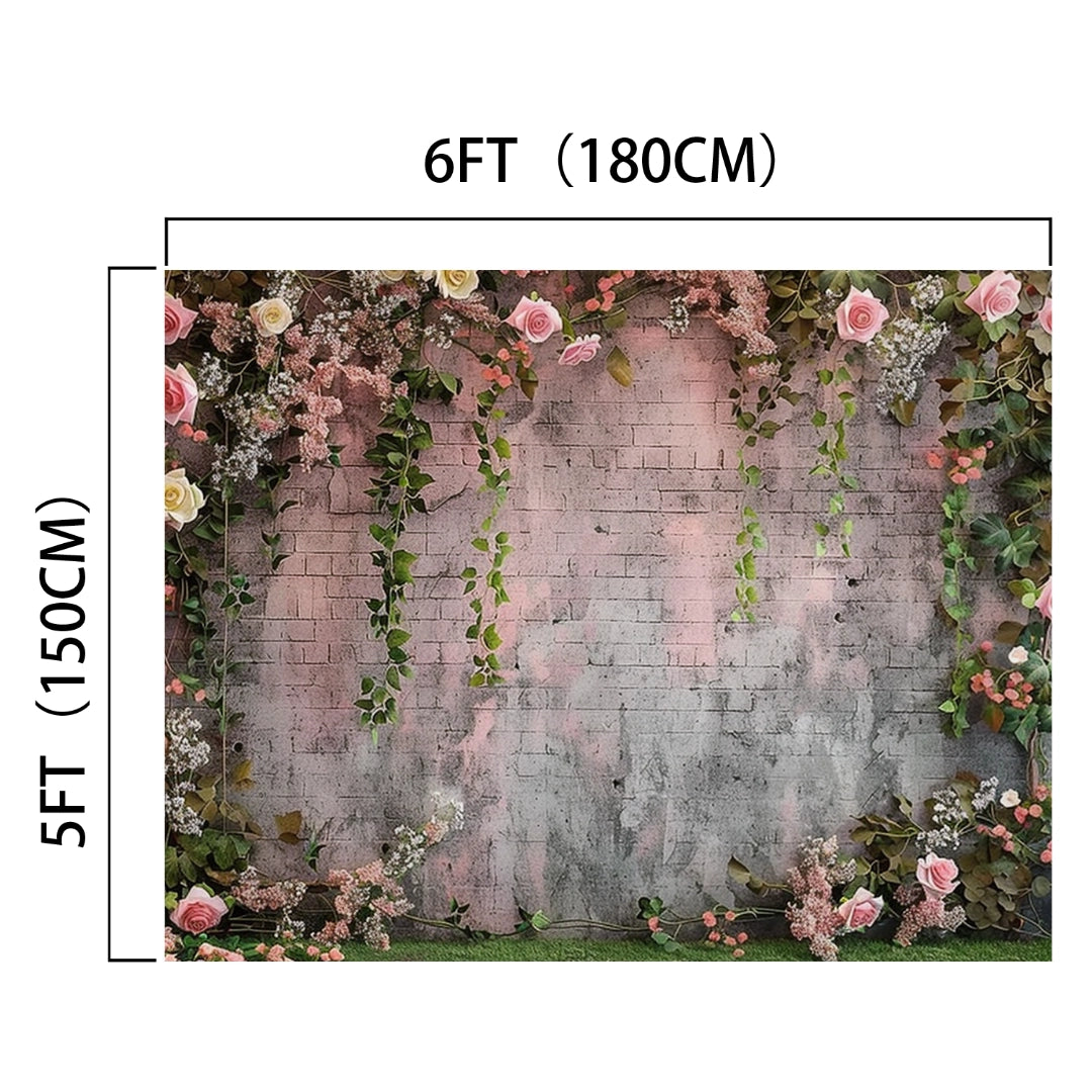 A 6-foot by 5-foot Spring Flower Brick Wall Photography Backdrop -ideasbackdrop features a pinkish-gray brick wall adorned with hanging vines and flowers, perfect for weddings.