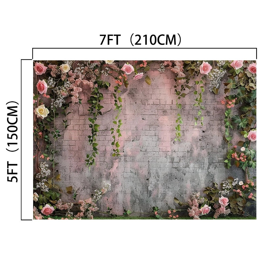 A 7-foot by 5-foot Spring Flower Brick Wall Photography Backdrop -ideasbackdrop featuring a brick wall design adorned with artificial flowers and hanging greenery, perfect for adding vibrant colors to weddings.