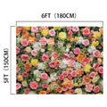 A colorful floral wall backdrop, the Spring Photography Valentine Flower Backdrop -ideasbackdrop by ideasbackdrop, measuring 6 feet (180 cm) in width and 5 feet (150 cm) in height, featuring pink, yellow, and white flowers—perfect for whimsical weddings or fantasy-themed parties.