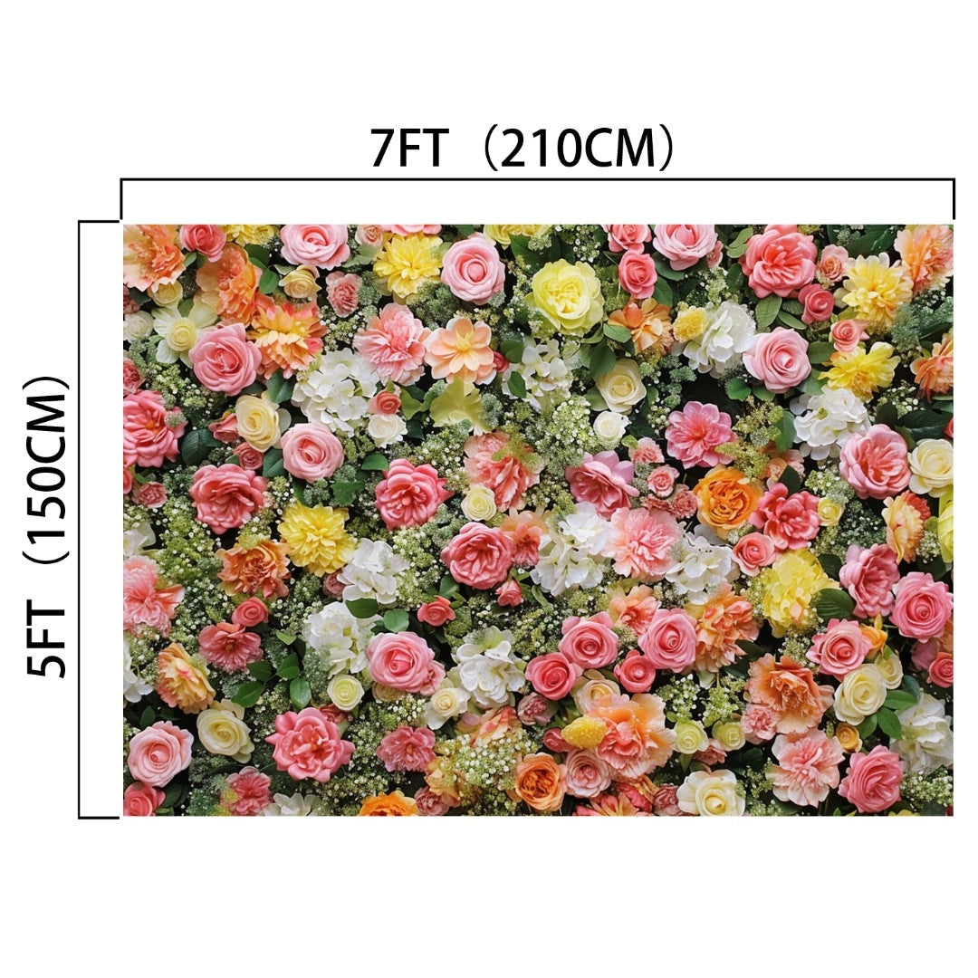 A floral wall covered in an assortment of colorful flowers, including pink, yellow, and white blooms, measuring 7 feet (210 cm) by 5 feet (150 cm), serves as a perfect Spring Photography Valentine Flower Backdrop -ideasbackdrop for whimsical weddings or fantasy-themed parties by ideasbackdrop.