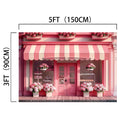 Illustration of a pink bakery shop with striped awning, adorned with pink and white flowers. Dimensions marked above: 5 feet (150 cm) wide and 3 feet (90 cm) high. Perfect for versatile photography, the *Spring Flower Shop Photography Window Backdrop-ideasbackdrop* by *ideasbackdrop* also serves as an HD window backdrop for creative shoots.