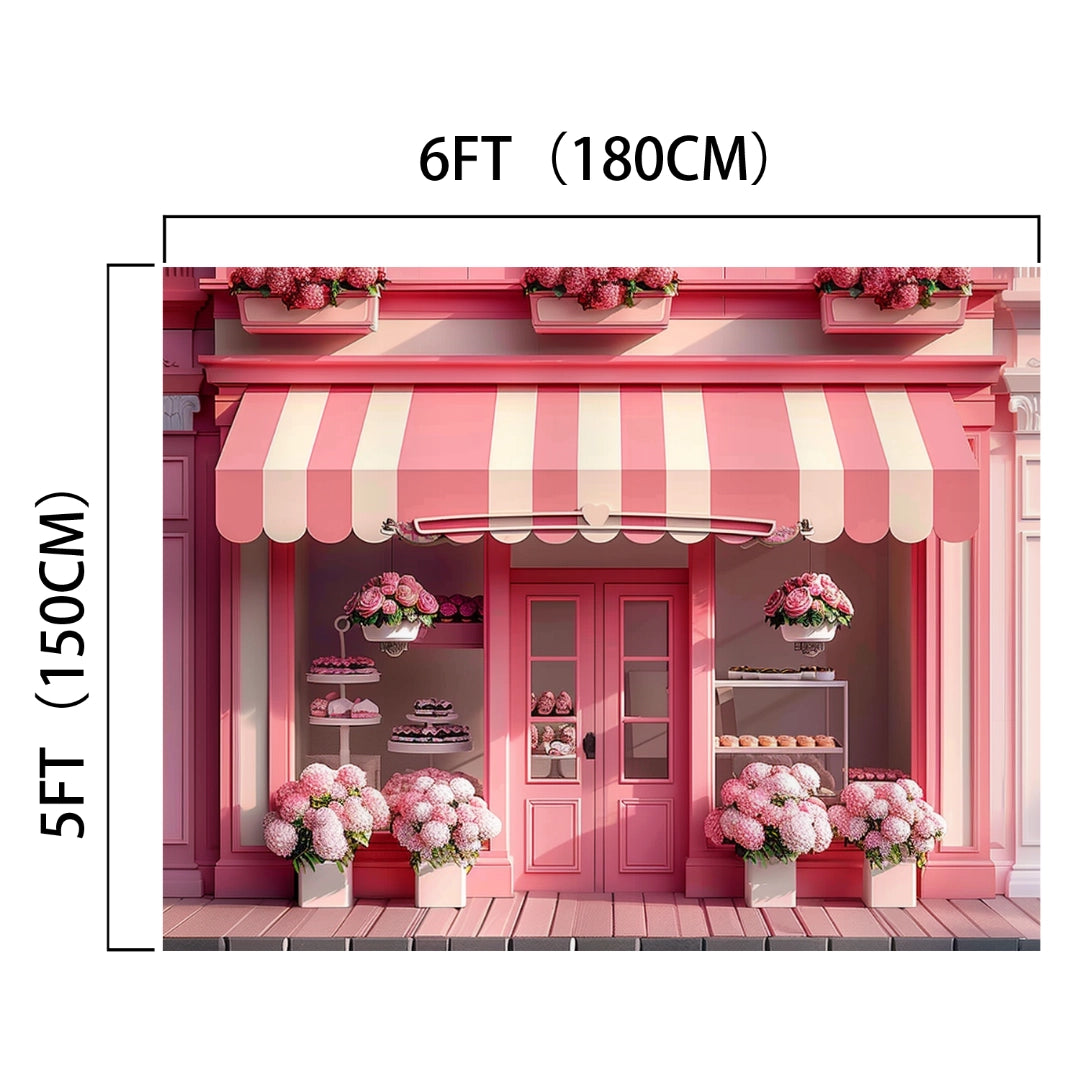 A storefront with a pink and white striped awning, potted pink flowers, and pastries on display, measuring 6ft (180cm) wide and 5ft (150cm) tall—perfect as an HD window backdrop for versatile photography backgrounds. Spring Flower Shop Photography Window Backdrop-ideasbackdrop by ideasbackdrop.