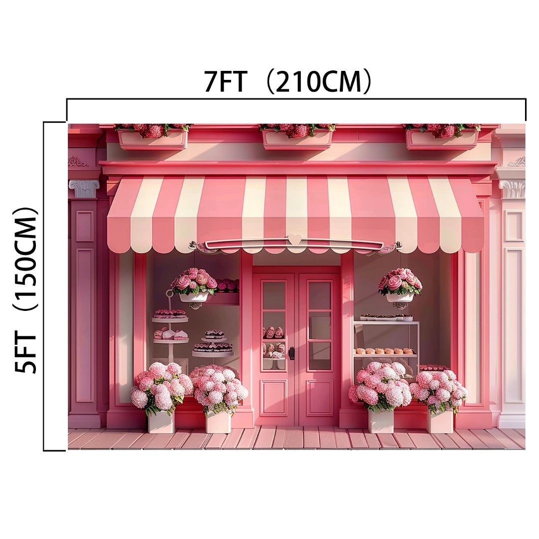 Spring Flower Shop Photography Window Backdrop-ideasbackdrop with measurements of 7 feet (210 cm) wide and 5 feet (150 cm) tall, adorned with striped awning, flowers, and various baked goods displayed—perfect for versatile photography or as stunning HD Window Backdrop.