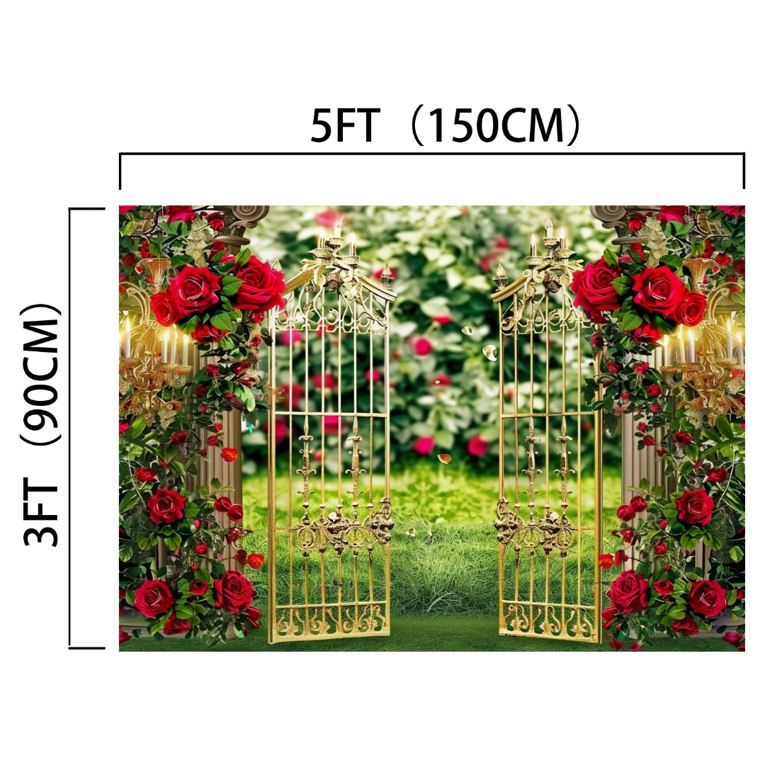 A decorative metal gate adorned with red roses is set in a lush garden background, perfect for weddings or photo shoots. The gate, measuring 5 feet (150 cm) wide and 3 feet (90 cm) tall, serves as an ideasbackdrop Spring Garden Wedding Rose Flower Backdrop -ideasbackdrop.