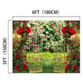 A **Spring Garden Wedding Rose Flower Backdrop - ideasbackdrop** adorned with red roses surrounded by greenery, measuring 6 feet (180 cm) wide and 5 feet (150 cm) tall, creating an HD vivid floral backdrop perfect for weddings and photo shoots.