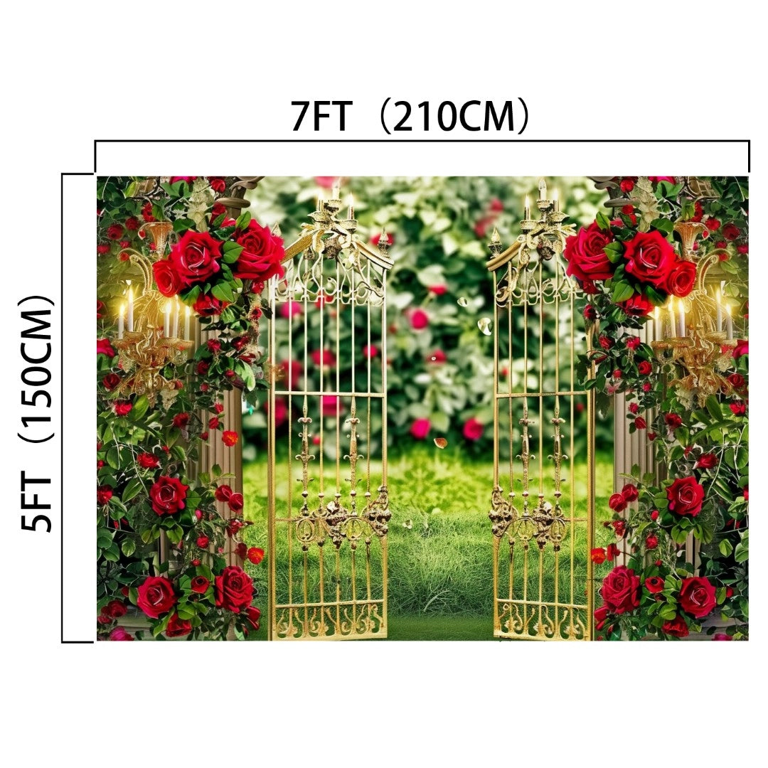 A **Spring Garden Wedding Rose Flower Backdrop - ideasbackdrop** featuring an ornate gold gate surrounded by red roses and green foliage, measuring 7 feet wide and 5 feet tall—perfect for weddings and photo shoots.