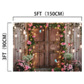 A Spring Photography Backdrop Wooden Barn Door -ideasbackdrop by ideasbackdrop adorned with ultra-realistic floral designs featuring pink roses, butterflies, and hanging lights, measuring 5 feet wide by 3 feet tall (150 cm by 90 cm), creating an elegant backdrop.