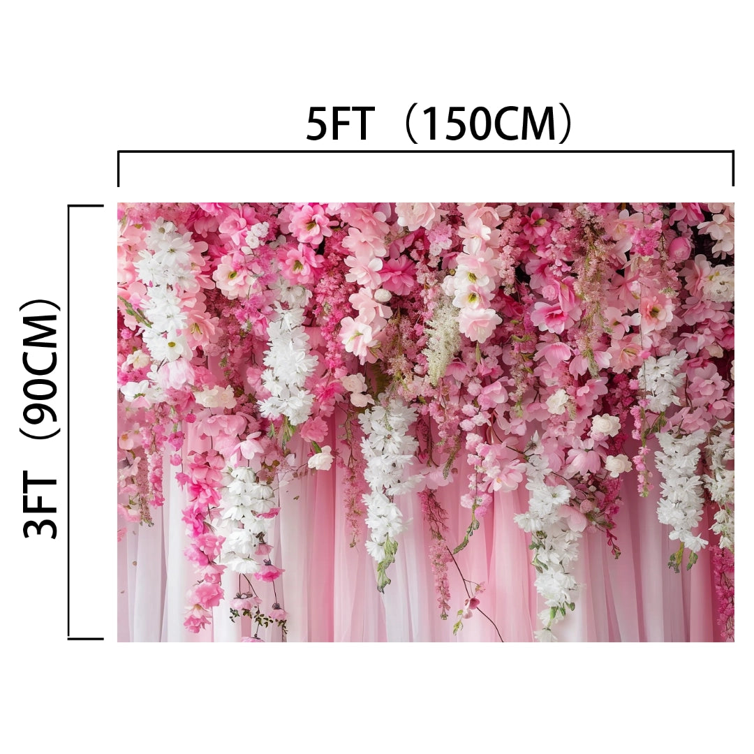 This Spring Pink Rose Romantic Flower Backdrop -ideasbackdrop, a stunning 5 feet (150 cm) wide and 3 feet (90 cm) tall floral display, features hanging pink and white flowers, perfect for creating a romantic setting.
