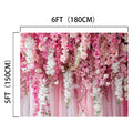 A Spring Pink Rose Romantic Flower Backdrop -ideasbackdrop features a floral display with pink and white flowers, measuring 6 feet (180 cm) wide and 5 feet (150 cm) tall.