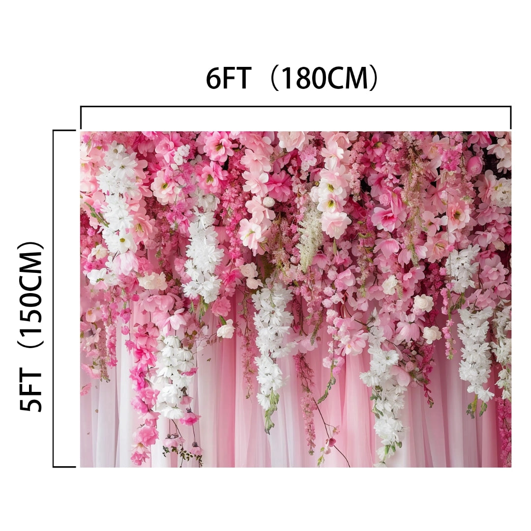 A Spring Pink Rose Romantic Flower Backdrop -ideasbackdrop features a floral display with pink and white flowers, measuring 6 feet (180 cm) wide and 5 feet (150 cm) tall.
