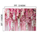 This Spring Pink Rose Romantic Flower Backdrop by ideasbackdrop features a hanging pink and white floral arrangement measuring 7 feet (210 cm) wide and 5 feet (150 cm) tall, perfect for creating a romantic setting.