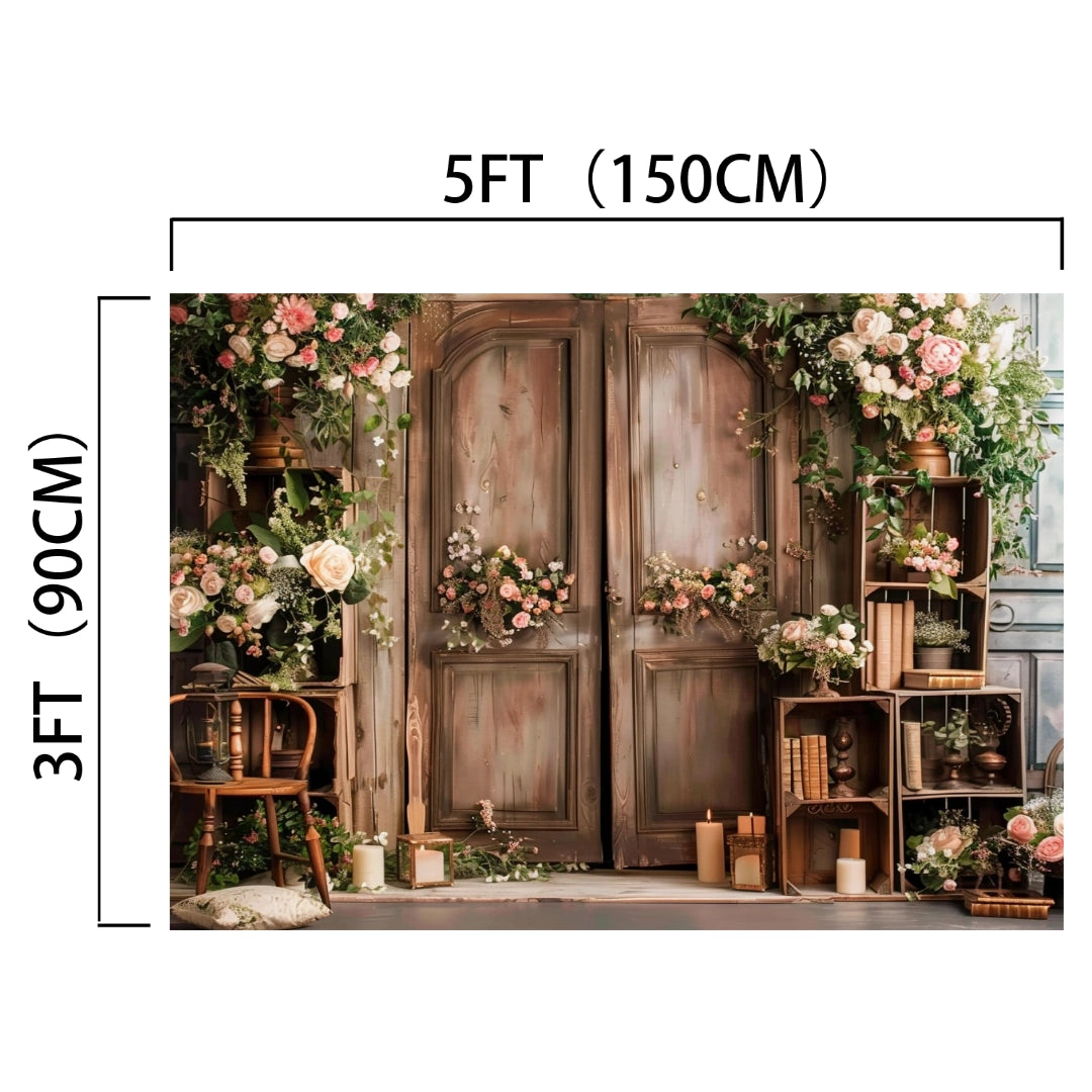 A rustic wooden backdrop, perfect for photography or themed parties, is adorned with various flowers and foliage. Measuring 5 feet (150 cm) wide and 3 feet (90 cm) tall, this Spring Rose Flowers Wooden Arch Door Backdrop-ideasbackdrop from ideasbackdrop features candles and decorative items arranged around it.