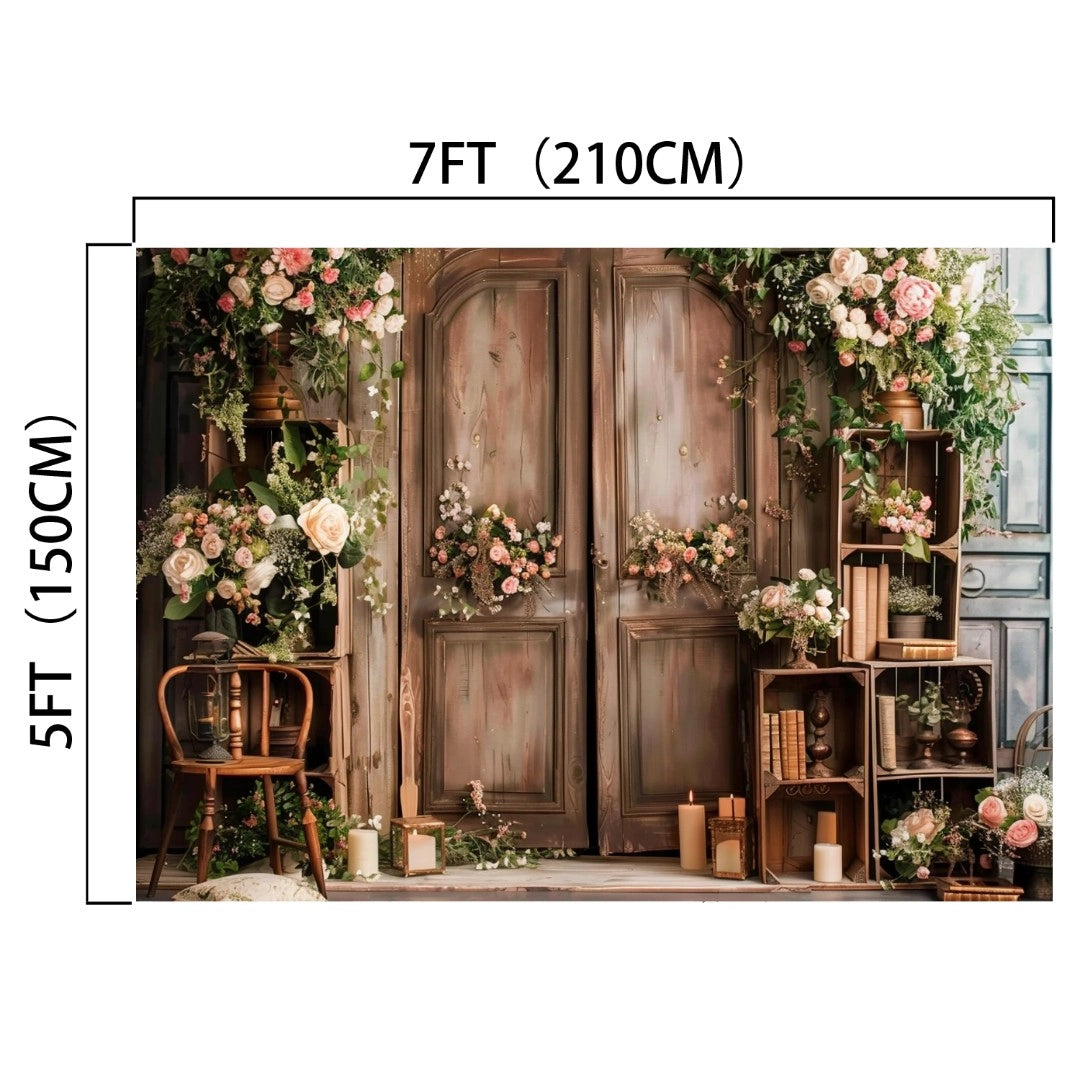 A **Spring Rose Flowers Wooden Arch Door Backdrop-ideasbackdrop** adorned with floral arrangements and greenery, measuring 7 feet (210 cm) wide and 5 feet (150 cm) tall, is perfect for themed parties. Wooden crates, a chair, and candles are placed around it, creating an ideal setting for photography.