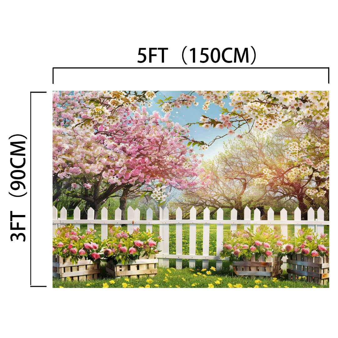 A 5ft by 3ft Spring White Forest Tree Flower Backdrop - ideasbackdrop featuring a white picket fence, blooming trees, and flowers in planters. Perfect for enhancing your living space. Measurements shown: 150cm by 90cm.