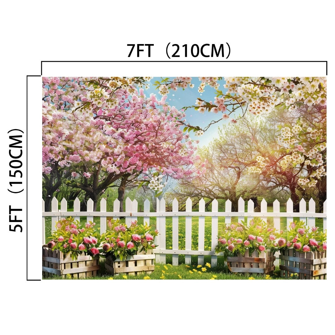 A captivating floral backdrop showcasing a spring garden with blossoming trees, a white picket fence, and charming flower boxes. Perfect for enhancing your living space, its dimensions are 7 feet (210 cm) by 5 feet (150 cm). Introducing the Spring White Forest Tree Flower Backdrop -ideasbackdrop by ideasbackdrop.