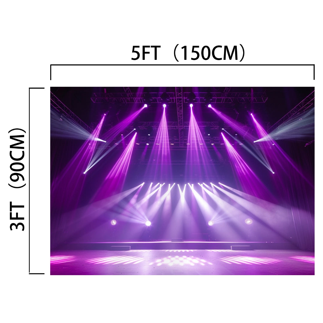 A stage with purple and white spotlights shining down, complemented by high-resolution printing on the backdrop. The dimensions are labeled as 5 feet (150 cm) wide and 3 feet (90 cm) tall, ensuring a striking visual without any compromise due to wrinkle resistance. The setup features the "Stage Spotlight for Photography Backdrop Live Show Theater Background Rock Concerts Music Club Banner Birthday Portrait Studio Props 7x5ft" from ideasbackdrop.