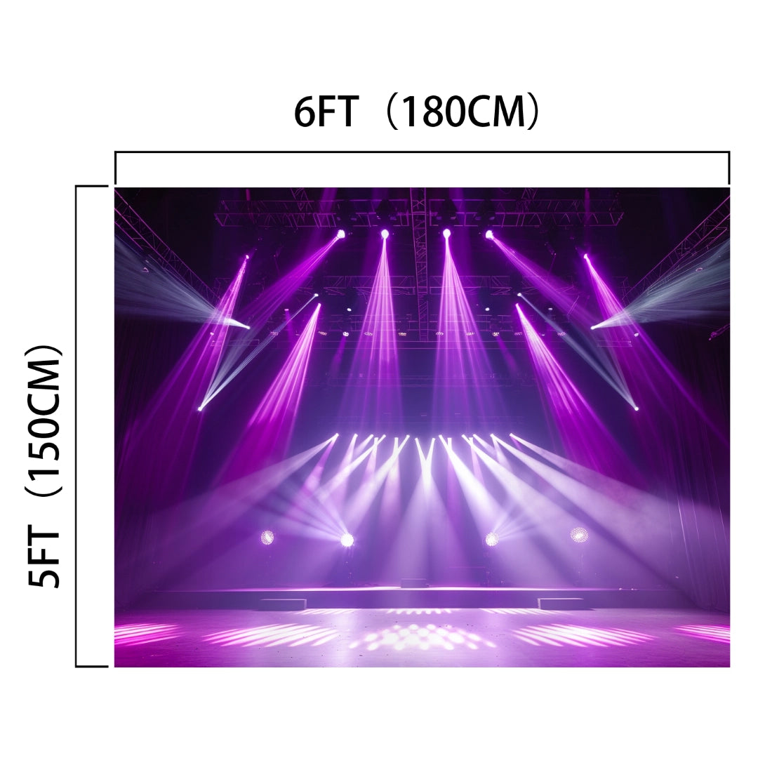 A stage with purple lighting effects, measured at 6 feet (180 cm) wide and 5 feet (150 cm) tall, is enhanced by high-resolution printing on ideasbackdrop Stage Spotlight for Photography Backdrop Live Show Theater Background Rock Concerts Music Club Banner Birthday Portrait Studio Props 7x5ft.