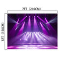 A stage with purple lighting and beams of light pointing towards the center, measuring 7 feet (210 cm) in width and 5 feet (150 cm) in height. The impeccable ideasbackdrop Stage Spotlight for Photography Backdrop Live Show Theater Background Rock Concerts Music Club Banner Birthday Portrait Studio Props 7x5ft features high-resolution printing, ensuring every detail stands out vividly.