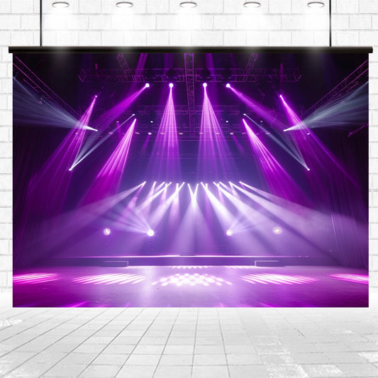 A stage is illuminated with bright pink and white spotlights in a dark theater. The floor is covered with light patterns, and rigging can be seen above, adding depth to the theater backdrop featuring the ideasbackdrop Stage Spotlight for Photography Backdrop Live Show Theater Background Rock Concerts Music Club Banner Birthday Portrait Studio Props 7x5ft.
