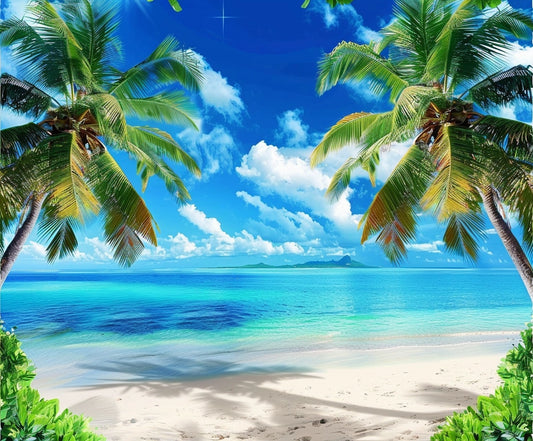 A tropical beach scene with clear blue water, white sand, and lush green palm trees creates the perfect Studio Beach Photography Backdrop Photo Booth -ideasbackdrop. The sky is bright blue with scattered clouds, and a distant island is visible on the horizon—ideal for any photography portfolio featuring a stunning beach setting by ideasbackdrop.