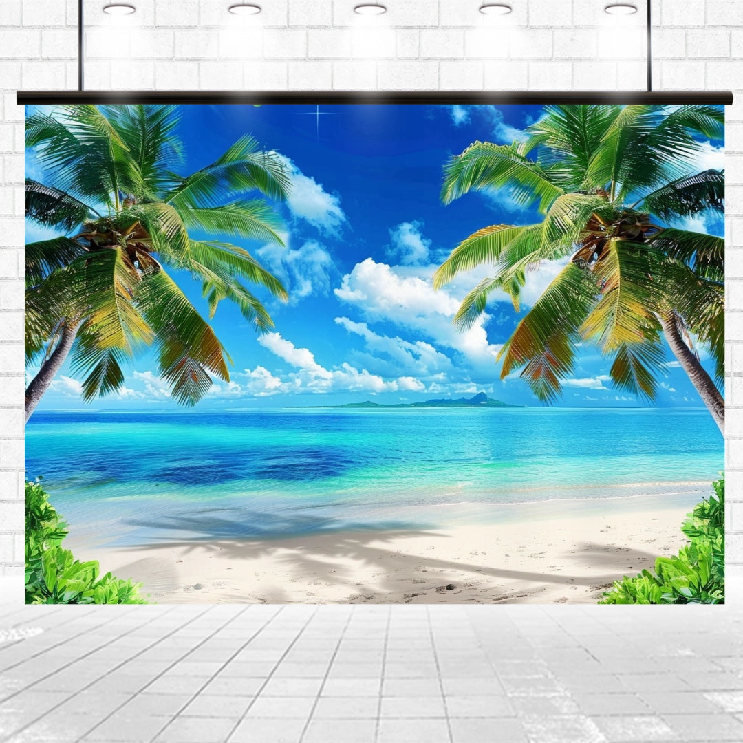 A tropical beach scene backdrop featuring vibrant colors with palm trees, a clear blue sky, and turquoise water, set against a tiled floor and white brick wall. This Studio Beach Photography Backdrop Photo Booth -ideasbackdrop by ideasbackdrop brings high-definition realism to any setting.
