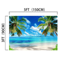 Backdrop featuring a tropical beach with palm trees, clear blue sky, and calm sea, in high-definition realism. The dimensions are indicated as 5ft (150cm) in width and 3ft (90cm) in height, perfect for creating a vibrant backdrop for any setting. Introduce the Studio Beach Photography Backdrop Photo Booth - ideasbackdrop by ideasbackdrop to add that perfect touch to your decor.