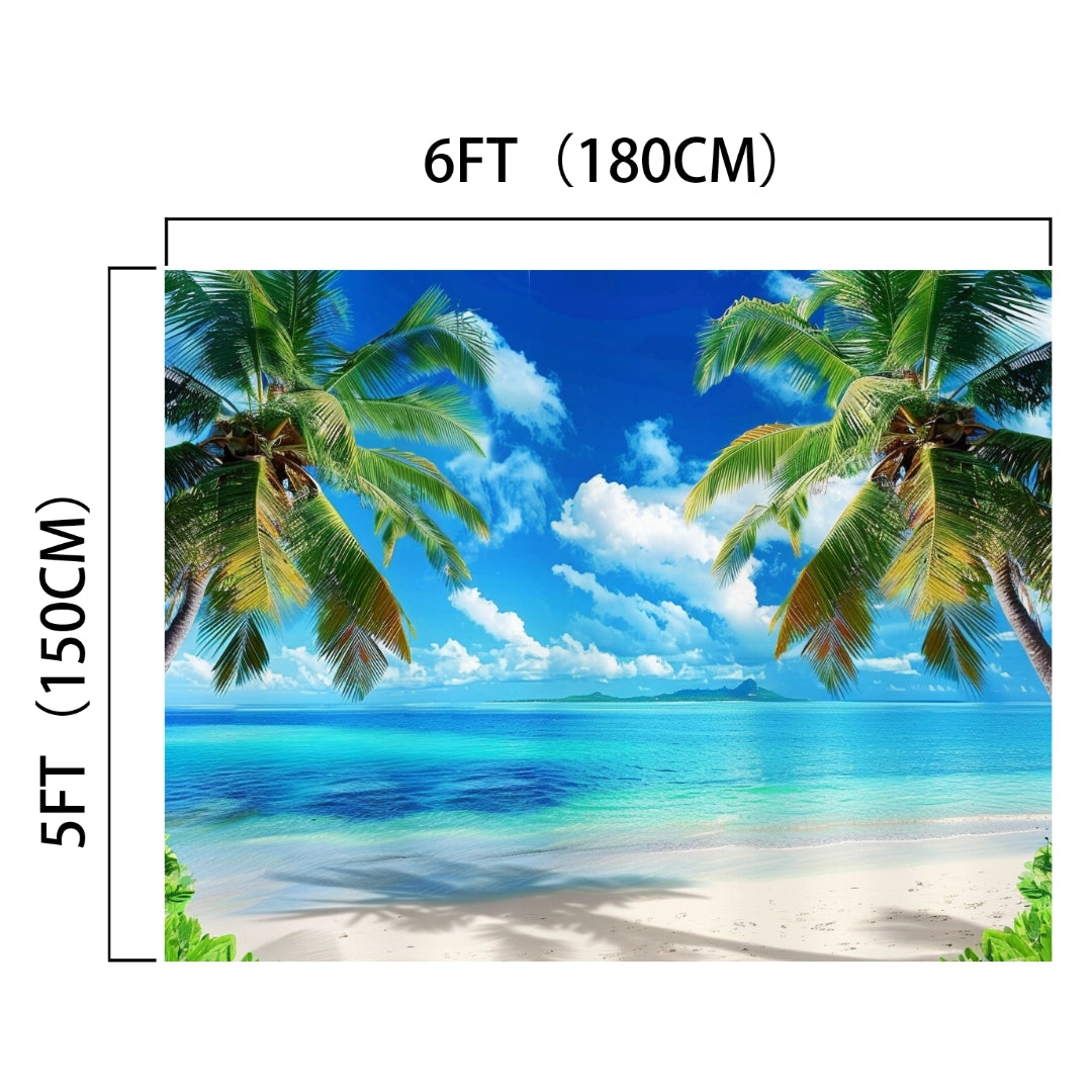A vibrant backdrop image featuring a tropical beach with palm trees, a clear blue sky, and calm ocean water, measuring 6 feet (180 cm) wide and 5 feet (150 cm) tall. This Studio Beach Photography Backdrop Photo Booth -ideasbackdrop from ideasbackdrop captures high-definition realism to bring your scenes to life.