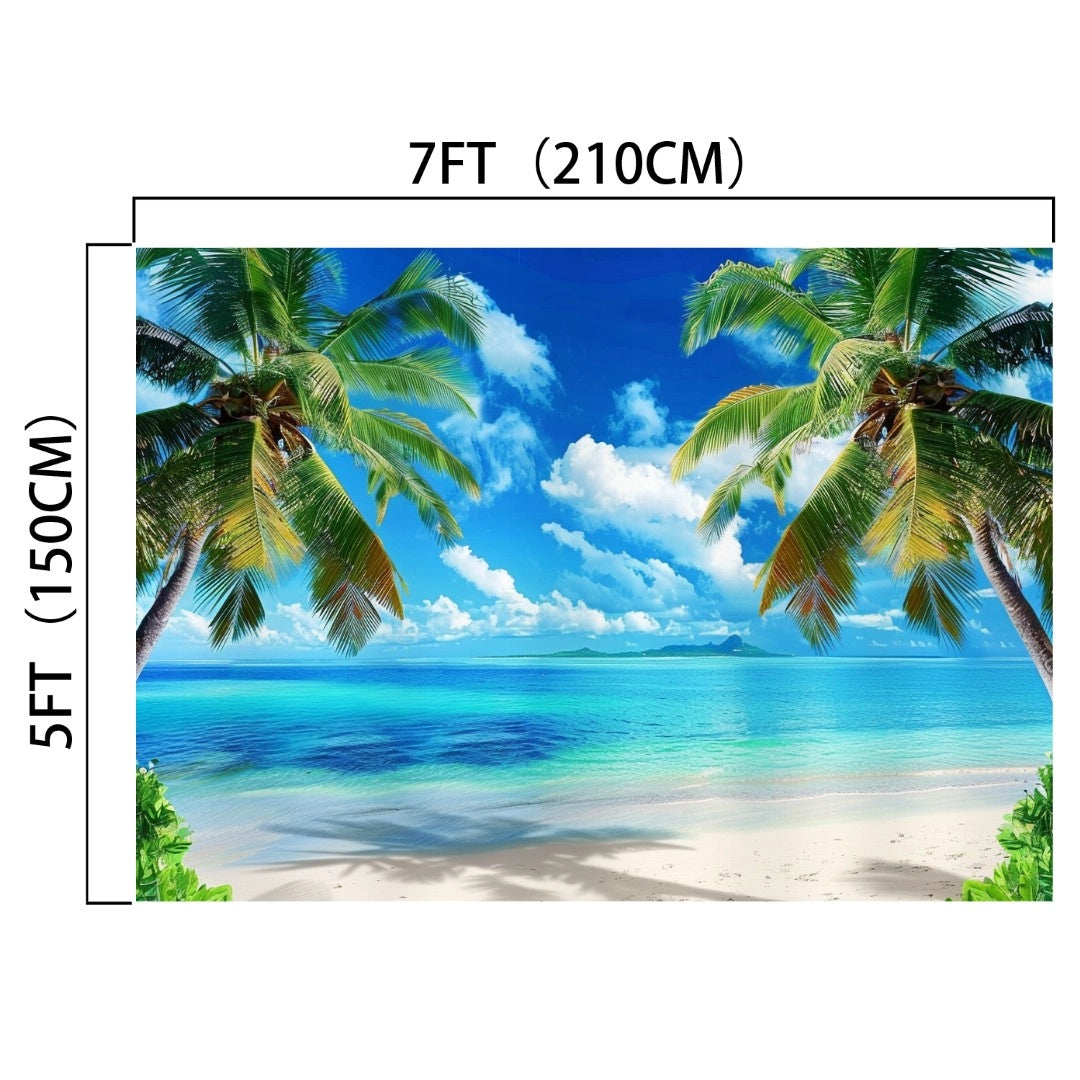 A vibrant tropical beach backdrop featuring palm trees, a blue sky, and the ocean. This Studio Beach Photography Backdrop Photo Booth -ideasbackdrop by ideasbackdrop measures 7 feet (210 cm) wide by 5 feet (150 cm) tall.