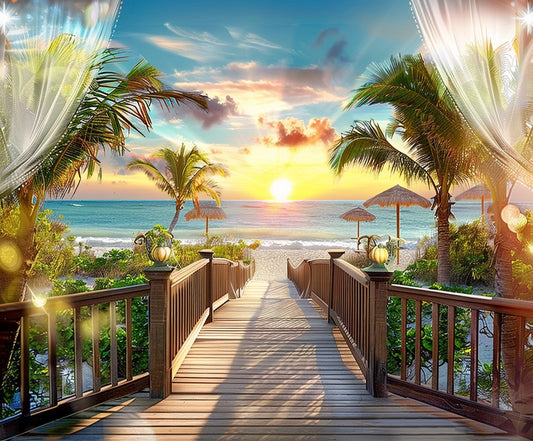 A wooden boardwalk lined with palm trees leads to a tropical beach at sunset. The sky is vibrant with hues of orange, pink, and blue. Curtains frame the scene, adding a touch of elegance and tranquility, perfect for capturing stunning beach photography or using as a Summer Beach Backdrop Blue Sky Ocean - ideasbackdrop by ideasbackdrop.
