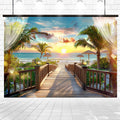 A wooden pathway leads to a sandy beach with palm trees and sun umbrellas at sunset, under a clear sky—the ideal scene for a Summer Beach Backdrop Blue Sky Ocean -ideasbackdrop by ideasbackdrop.