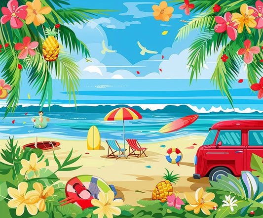 The Summer Beach Backdrop Hawaiian Tropical -ideasbackdrop captures a colorful beach scene with surfboards, chairs, umbrellas, lifebuoys, and a red van. Palm trees and flowers frame the view in lifelike colors. Waves roll under a partly cloudy sky with birds gracefully flying overhead.