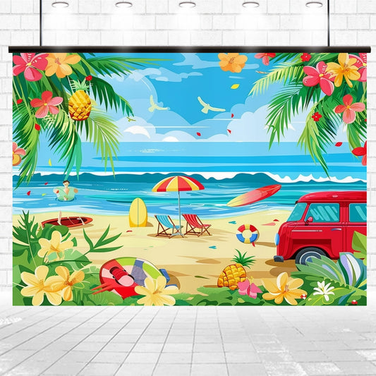 Illustration of a vibrant beach scene with a red van, surfboards, beach umbrella, and tropical elements like flowers and pineapples. The ocean and sky serve as a high definition backdrop with seagulls flying. This is the Summer Beach Backdrop Hawaiian Tropical - ideasbackdrop by ideasbackdrop.