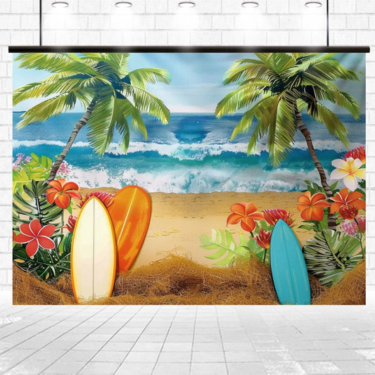 A coastal paradise backdrop featuring waves, palm trees, colorful surfboards, and vibrant flowers. Introducing the Summer Beach Ocean Backdrops for Photography by ideasbackdrop.