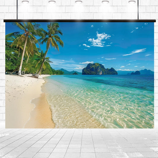 A projection screen displays an **ideasbackdrop Summer Beach Photography Backdrop Hawaii -ideasbackdrop** with clear blue water, palm trees, and distant islands under a bright sky, set against a plain, tiled floor.